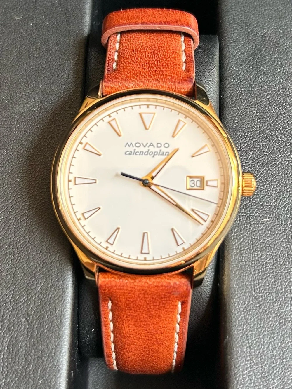 Movado Gold-Tone Case with Brown Leather Strap Watch